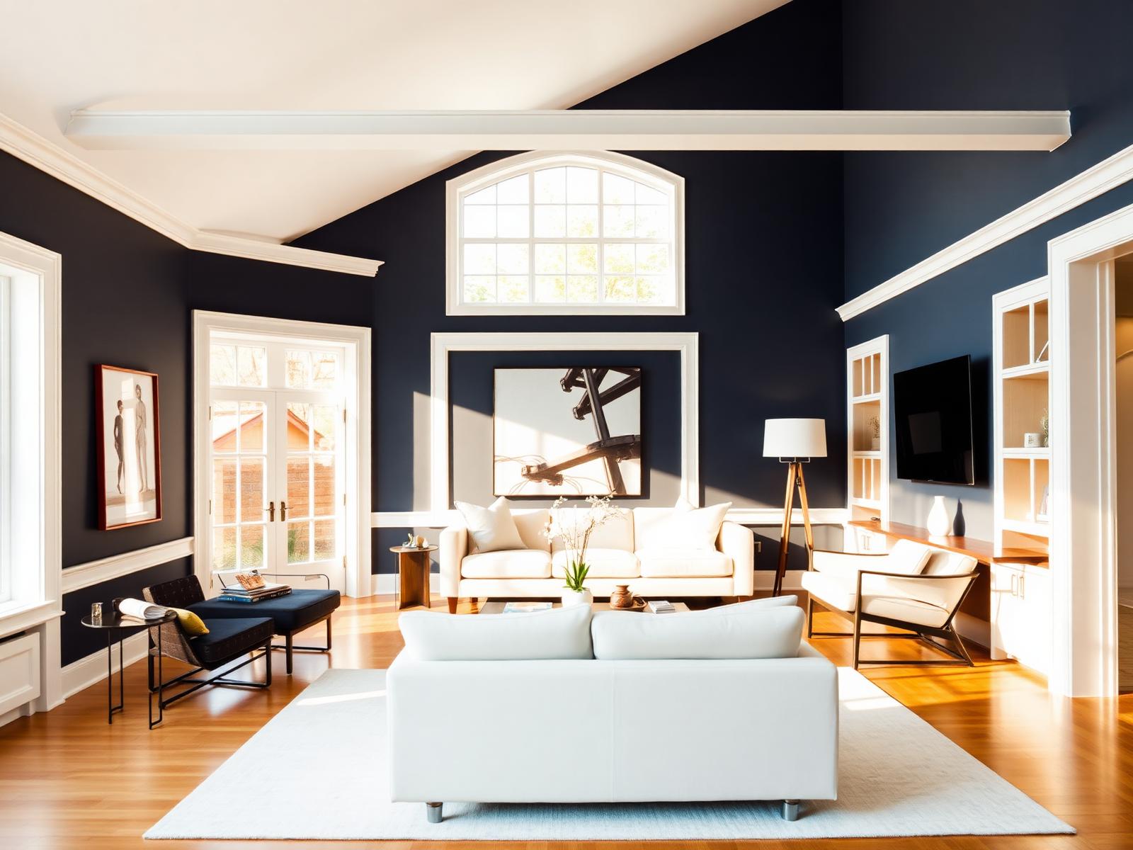 Modern living room with navy accent wall painted by Imagine That SI Designs